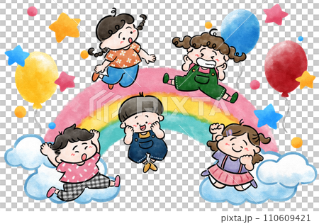 Hand-drawn illustration material of a cheerfully jumping child and a colorful rainbow Hand-drawn illustration material of a cheerfully jumping child and a colorful rainbow 110609421
