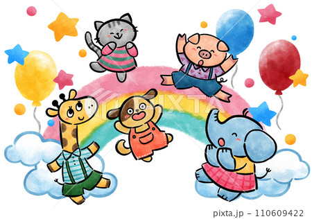 元気にジャンプする動物とカラフルな虹の手描きイラスト素材 110609422
