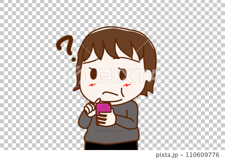 (上半身斜め)スマホを持って使い方が分からなくなり疑問を持つ太った女性 (上半身斜め)スマホを持って使い方が分からなくなり疑問を持つ太った女性 110609776