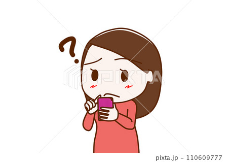 (上半身斜め)スマホを持って使い方が分からなくなり疑問を持つ女性 (上半身斜め)スマホを持って使い方が分からなくなり疑問を持つ女性 110609777