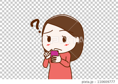 (上半身斜め)スマホを持って使い方が分からなくなり疑問を持つ女性 (上半身斜め)スマホを持って使い方が分からなくなり疑問を持つ女性 110609777
