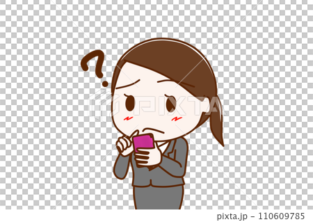 (Upper body diagonal) A woman in a suit holding a smartphone and having doubts about how to use it 110609785