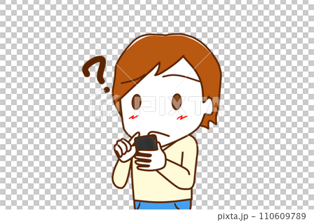 (Upper body diagonal) A white man holding a smartphone and having doubts about how to use it (Upper body diagonal) A white man holding a smartphone and having doubts about how to use it 110609789
