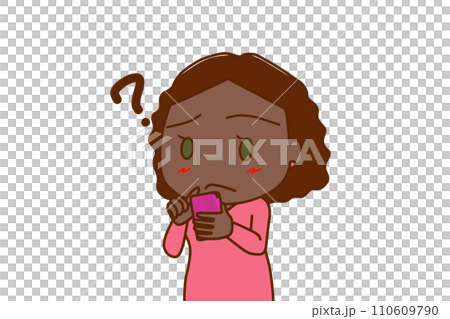 （上半身對角線）非洲女性拿著智慧型手機，對如何使用它有疑問 110609790