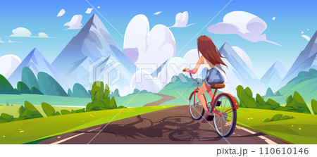 Young girl riding bicycle on road to mountains 110610146