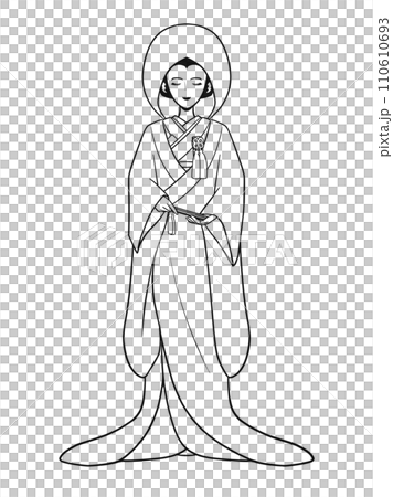 A young woman in a kimono, uchikake, cotton hat, and wedding costume (line drawing) 110610693
