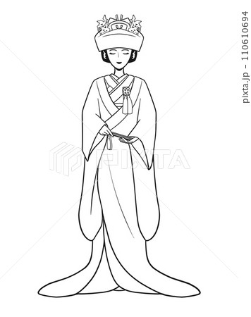 着物、打掛、角隠し、婚礼衣装の若い女性(線画) 着物、打掛、角隠し、婚礼衣装の若い女性(線画) 110610694