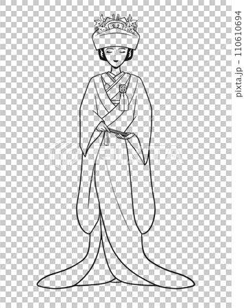 Young woman in kimono, uchikake, kadokakushi, and wedding costume (line drawing) Young woman in kimono, uchikake, kadokakushi, and wedding costume (line drawing) 110610694