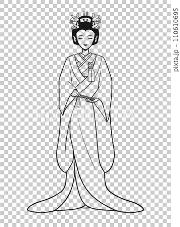 Young woman in kimono, uchikake, Japanese hair, wedding costume (line drawing) 110610695