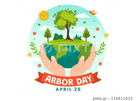 Happy Arbor Day Vector Illustration with Planting a Tree, Plant, Garden Tools and Nature Environment in Flat Kids Cartoon Background 110611015