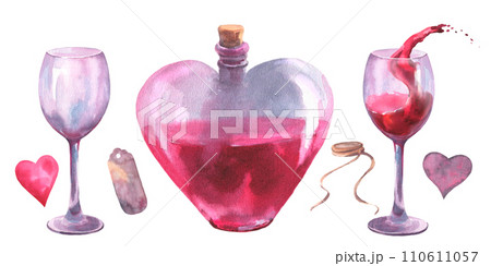 Watercolor illustrations, set for Valentine day or wedding design. Love potion elixir in heart shaped bottle and glass wine, hearts, tag, illustration on white background. 110611057
