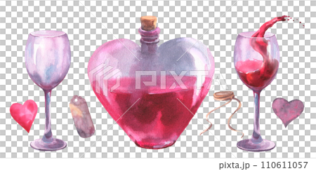 Watercolor illustrations, set for Valentine day or wedding design. Love potion elixir in heart shaped bottle and glass wine, hearts, tag, illustration on white background. 110611057