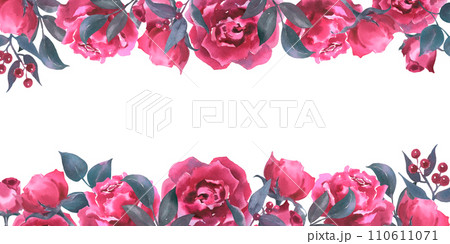 Watercolor Border with Rose Flowers. Hand drawn Seamless Pattern for Frame or banner. Floral illustration on isolated background for wedding invitations, greeting cards. Colorful pink sketch 110611071