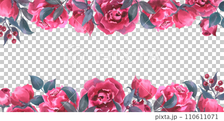 Watercolor Border with Rose Flowers. Hand drawn Seamless Pattern for Frame or banner. Floral illustration on isolated background for wedding invitations, greeting cards. Colorful pink sketch 110611071