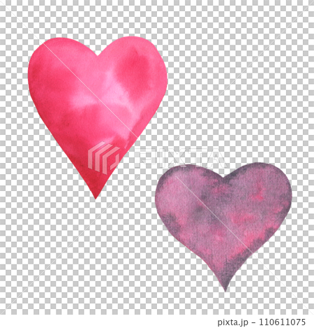 Watercolor set with different hand drawn red Hearts. Illustration with symbols of love for Valentines Day design or wedding invitations cards. Isolated clipart on white background. 110611075