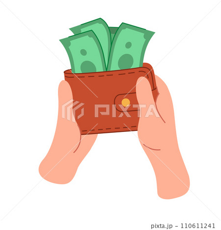 Hands holding a wallet with money. Spend money, pay for purchases. Financial concept hand drawn illustration isolated on white background. 110611241