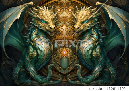 AI-generated content. Ancient dragons with scales of emerald and gold - Generative AI 110611302