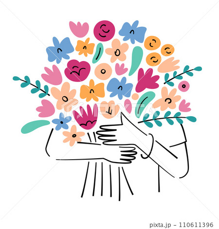 Woman holding big bouquet, flowers composition icon, vector illustration of cartoon person with birthday gift, Valentines Day card, present for Mothers Day, love concept, outline character 110611396