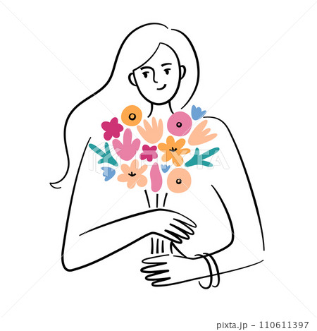 Beautiful woman with flowers, bouquet icon, vector illustration of young girl with floral present, Valentine, Mothers Day gift, good for greeting card, outline cartoon character with colorful flower 110611397