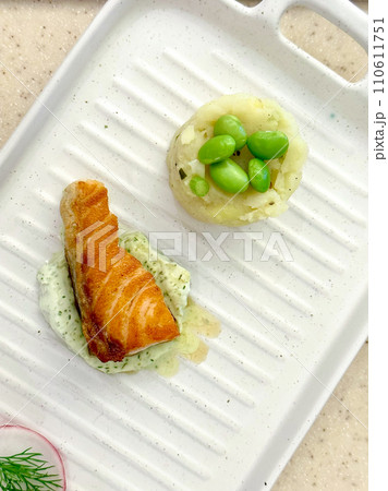 Top view of salmon steak with mashed potatoes Top view of salmon steak with mashed potatoes 110611751