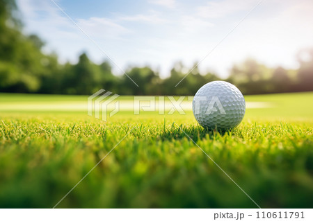 Generative AI A golf ball sitting on a golf course 110611791