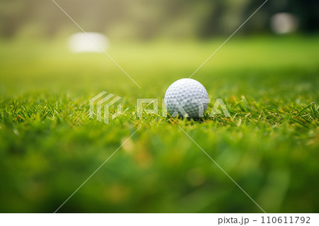 Generative AI A golf ball sitting on a golf course 110611792