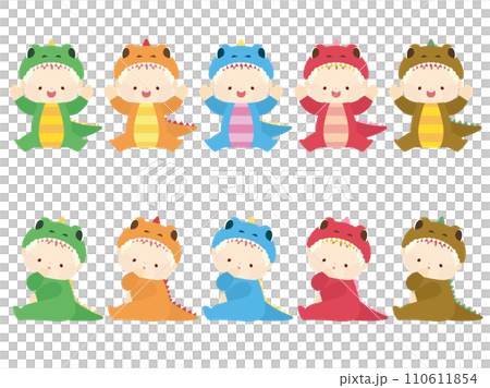 一個穿著恐龍服裝的可愛嬰兒的插圖 一個穿著恐龍服裝的可愛嬰兒的插圖 110611854