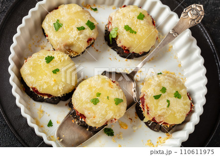mini eggplant pizzas with tomato sauce and cheese mini eggplant pizzas with tomato sauce and cheese 110611975