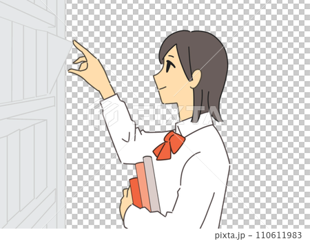 Female student standing in front of a bookshelf 110611983