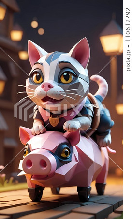 Cat riding pig low poly drawing artwork 110612292