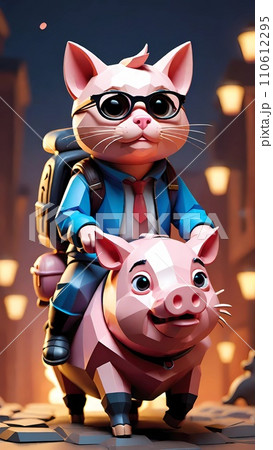 Cat riding pig low poly drawing artwork Cat riding pig low poly drawing artwork 110612295