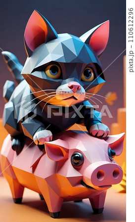 Cat riding pig low poly drawing artwork Cat riding pig low poly drawing artwork 110612296