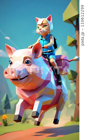 Cat riding pig low poly drawing artwork Cat riding pig low poly drawing artwork 110612299