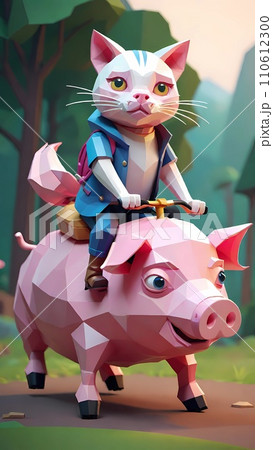 Cat riding pig low poly drawing artworkのイラスト素材 [110612300] - PIXTA