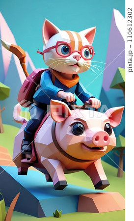 Cat riding pig low poly drawing artwork Cat riding pig low poly drawing artwork 110612302