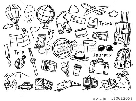旅行　トラベル　観光　イラストセット　手描き白黒線画 110612653