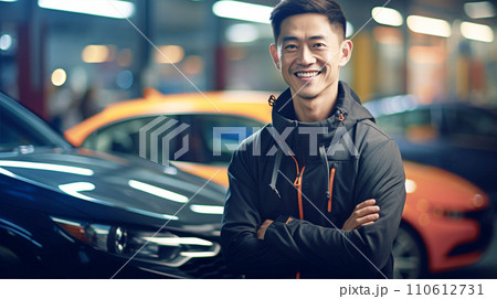 車の横に立つ笑顔の男性 man with a smile next to car AI生成画像 車の横に立つ笑顔の男性 man with a smile next to car AI生成画像 110612731
