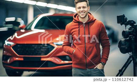 車の横に立つ笑顔の男性 man with a smile next to car AI生成画像 110612742