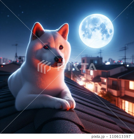 白い柴犬と満月の夜 白い柴犬と満月の夜 110613397