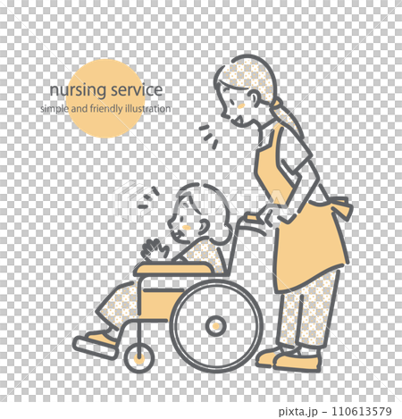 A senior woman in a wheelchair and a young caregiver - simple and stylish line drawing illustration A senior woman in a wheelchair and a young caregiver - simple and stylish line drawing illustration 110613579