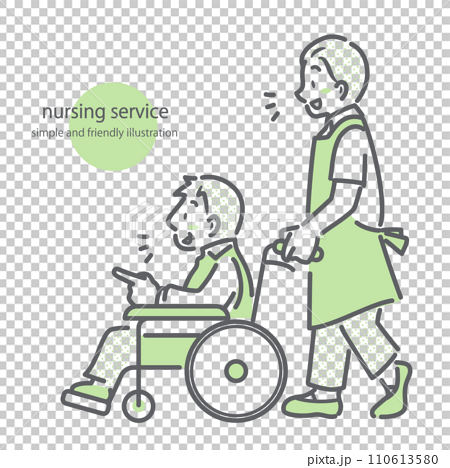 車椅子のシニア男性と若い介護士　シンプルでお洒落な線画イラスト 110613580
