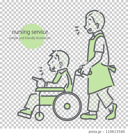 A senior man in a wheelchair and a young caregiver - simple and stylish line drawing illustration A senior man in a wheelchair and a young caregiver - simple and stylish line drawing illustration 110613580