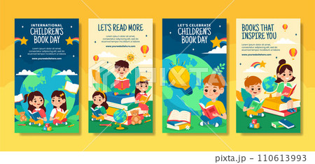 Children Book Day Social Media Stories Flat Cartoon Hand Drawn Templates Background Illustration 110613993