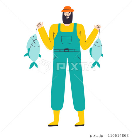 A man catches fish. Fishing concept. Happy male fisherman with a catch. Hand drawn vector illustration. A man catches fish. Fishing concept. Happy male fisherman with a catch. Hand drawn vector illustration. 110614868