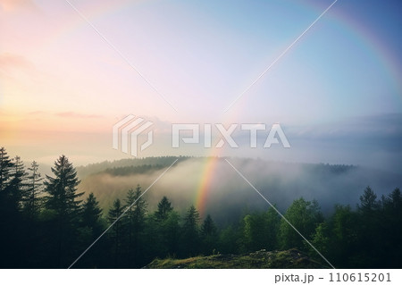 Generative AI A rainbow that appears among the trees in the forest Generative AI A rainbow that appears among the trees in the forest 110615201