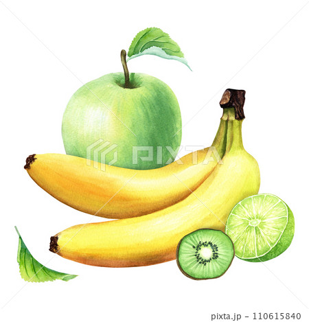 A composition with green apple, lime, kiwi and banana. Hand drawn botanical watercolor illustration isolated on white background. For clip art cards menu label 110615840