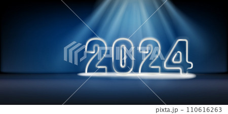 2024 Happy New Year shining light sparkles, blue background. Gold numbers decoration and glow light effect 110616263