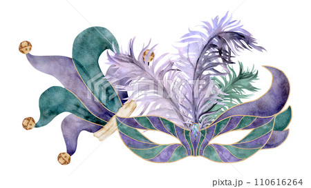 Hand drawn watercolor Mardi Gras carnival symbols. Theater masquerade circus mask feathers, jester fool hat bells. Composition isolated on white background. Design for party invitation, print, shop 110616264