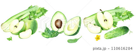 A set of compositions with green apple, cucumber, spinach, avocado and celery. Watercolor illustration isolated on white. For clipart cards menu label 110616284