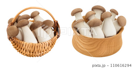 King Oyster mushroom or Eringi in wicker basket isolated on white background with full depth of field. 110616294